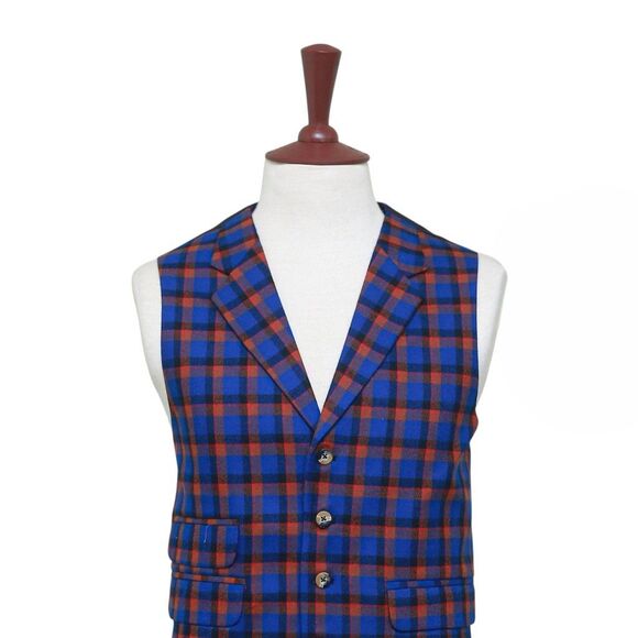 Mens Plaid Vest 44R Wool Blue Orange Waistcoat XL Formal Wedding Groom Party - Picture 4 of 9